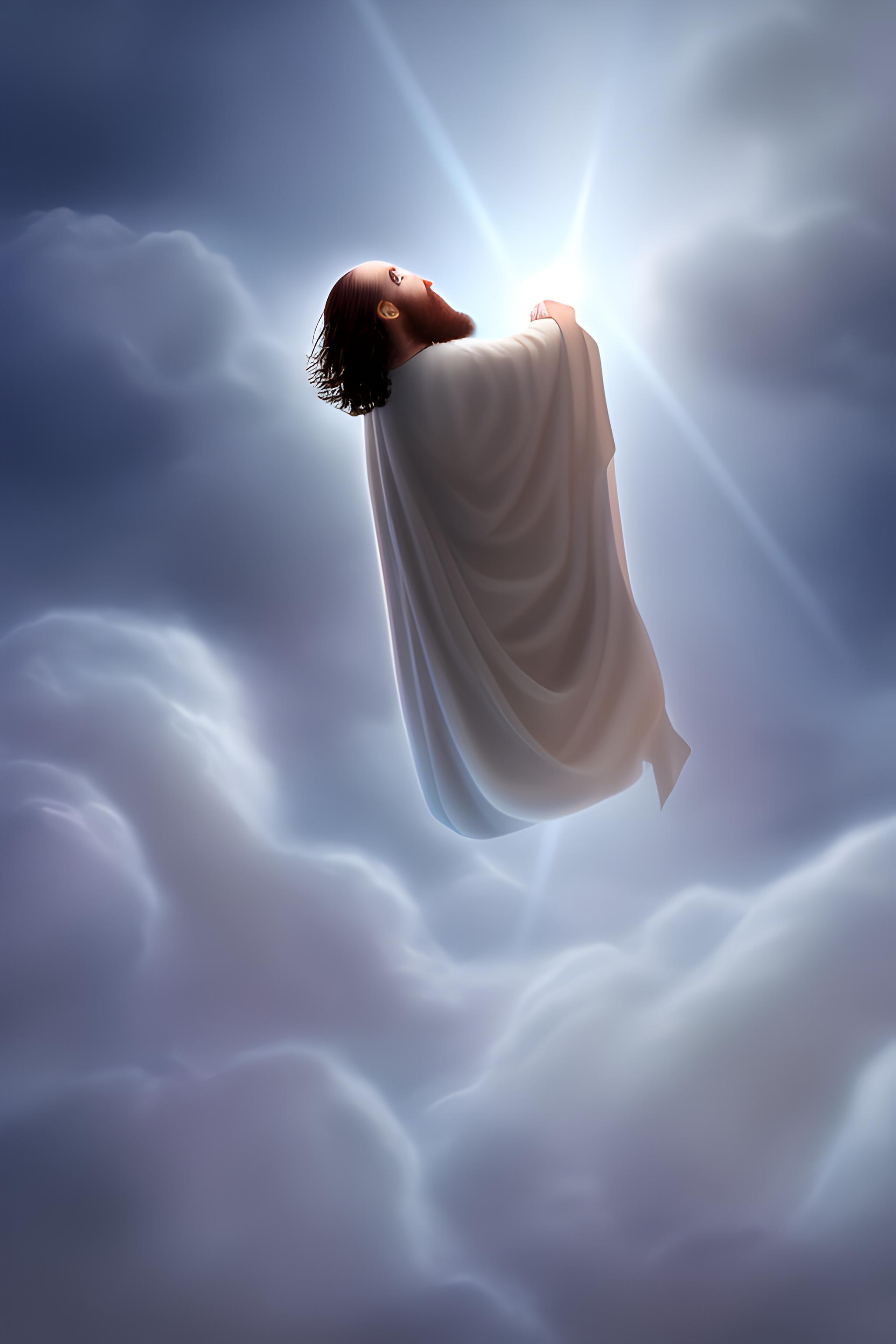 Jesus Christ reaching down from heaven surrounded by angels and clouds ...